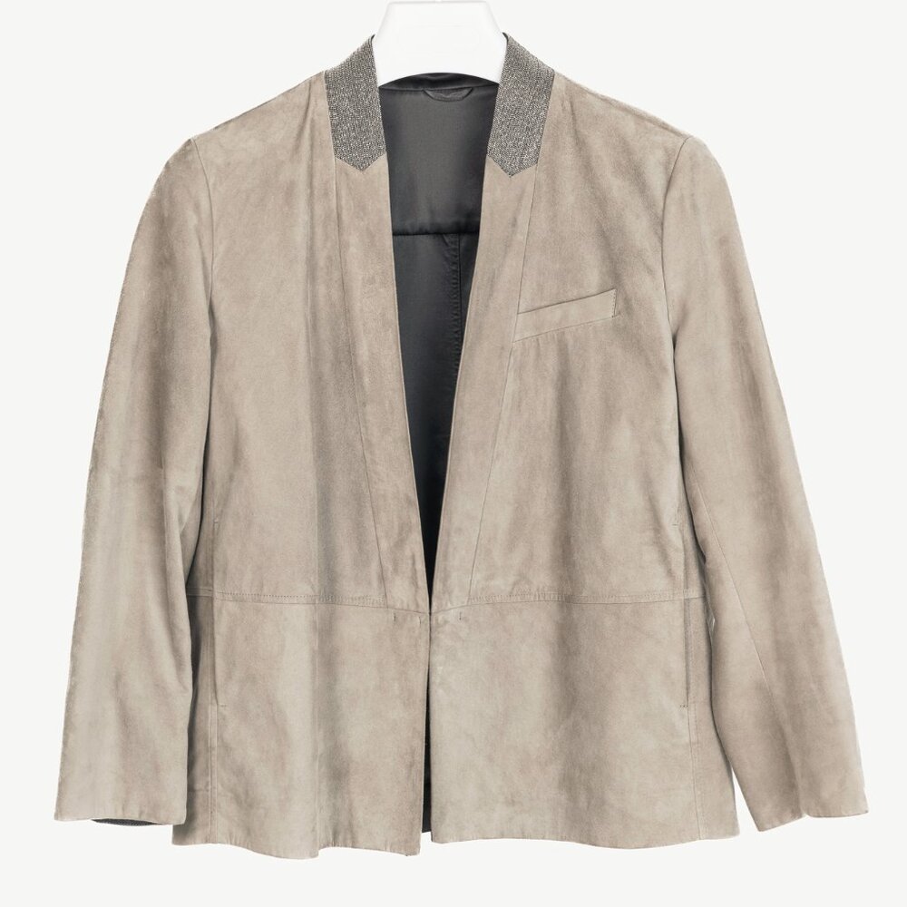 Brunello Cucinelli Taupe Suede Monili-Neck Jacket